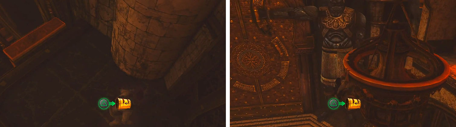 Get both treasures in the gate room: on the right ledge (left) and on the chandelier (right).