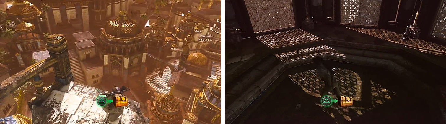 Get the treasure on the grand staircase (left) and then jump to a tower for another (right).
