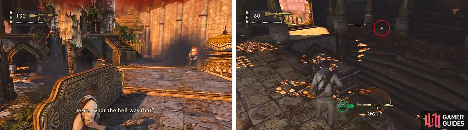 Take out the enemies (left) and then get the treasure in the building (right).