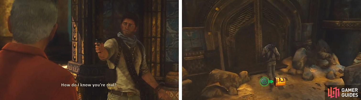 After a revealing cutscene (left) head down the elevator for the final treasure (right).