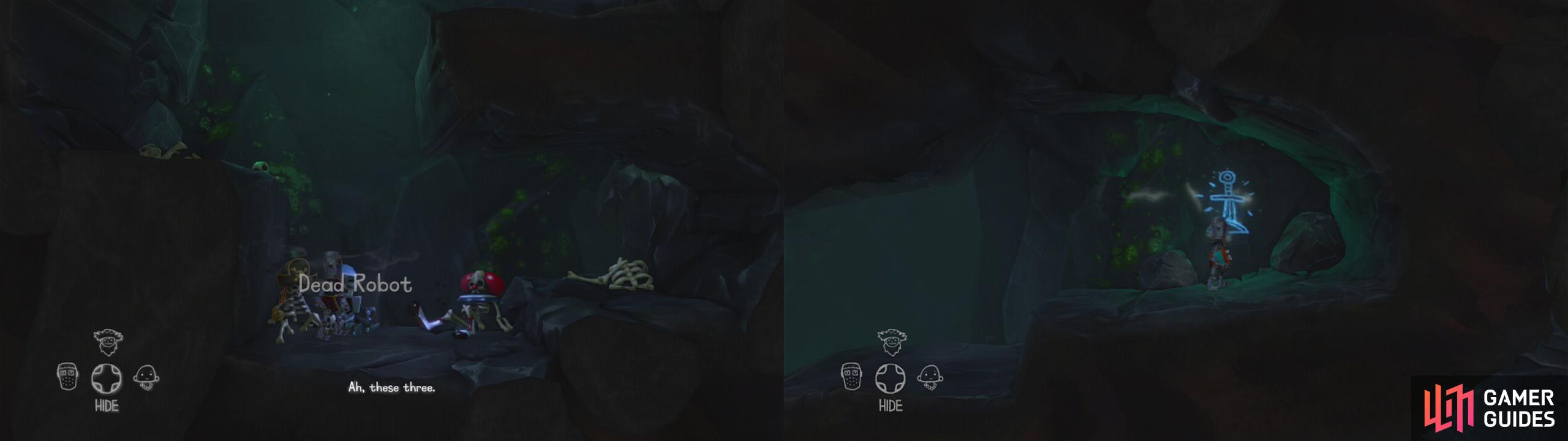 from the monster room, climb up to the left to find a dead robot (left) and another Cave Painting (right).
