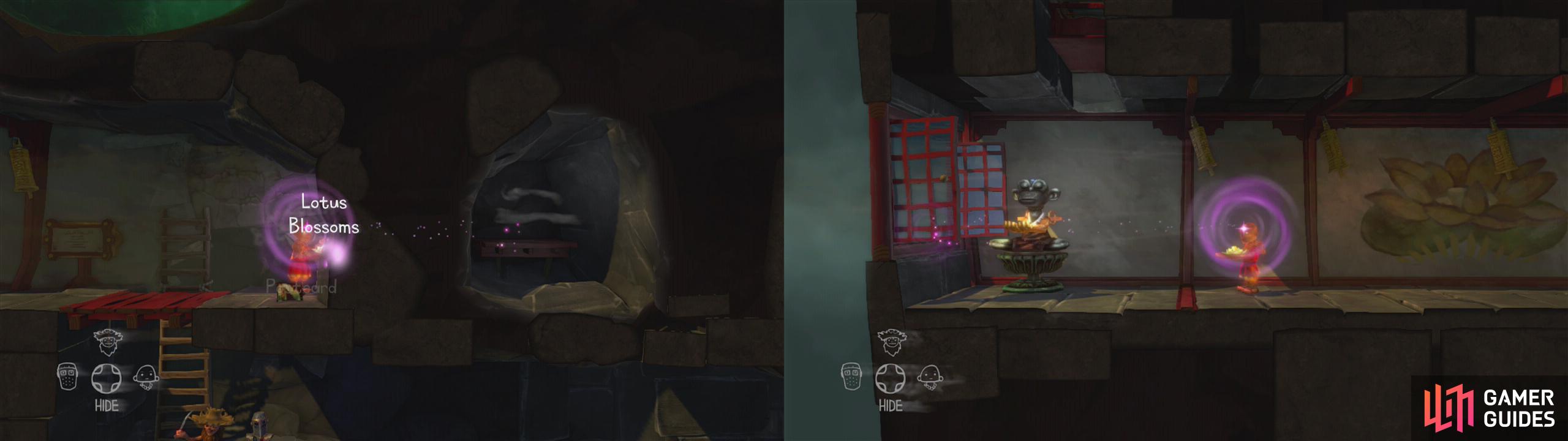 Have the monk use his ability to grab the petals from through the wall (left). Carefully make your way to the end of the hallway and close the window (right).