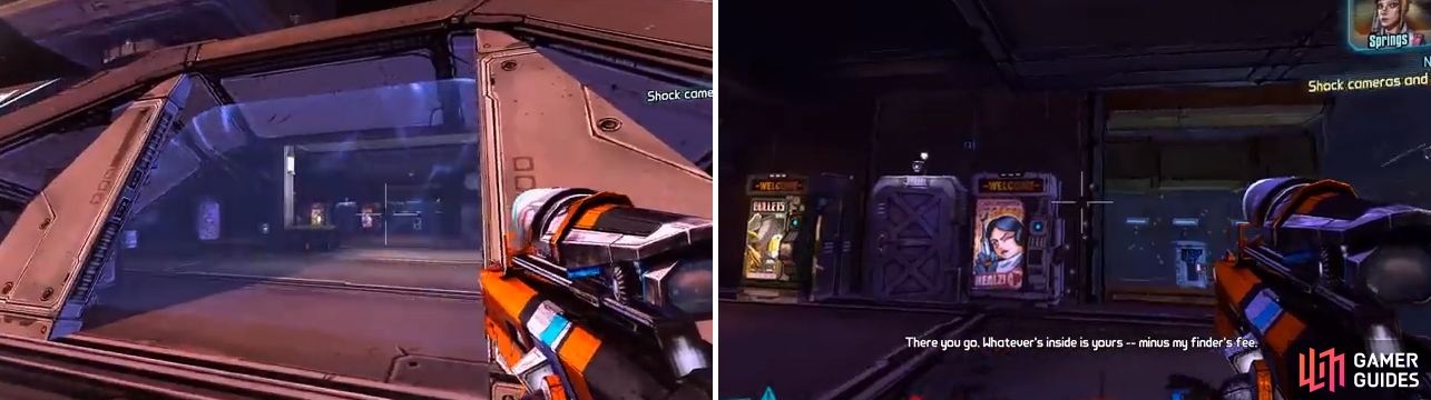 This is the entrance to the room with the safe (left). On the right is a good spot to stand when your shields are depleted and the nova goes off to shock the cameras and safe.