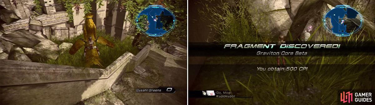 Use the chocobo to jump on this roof (left). Graviton Core Beta location. (right)