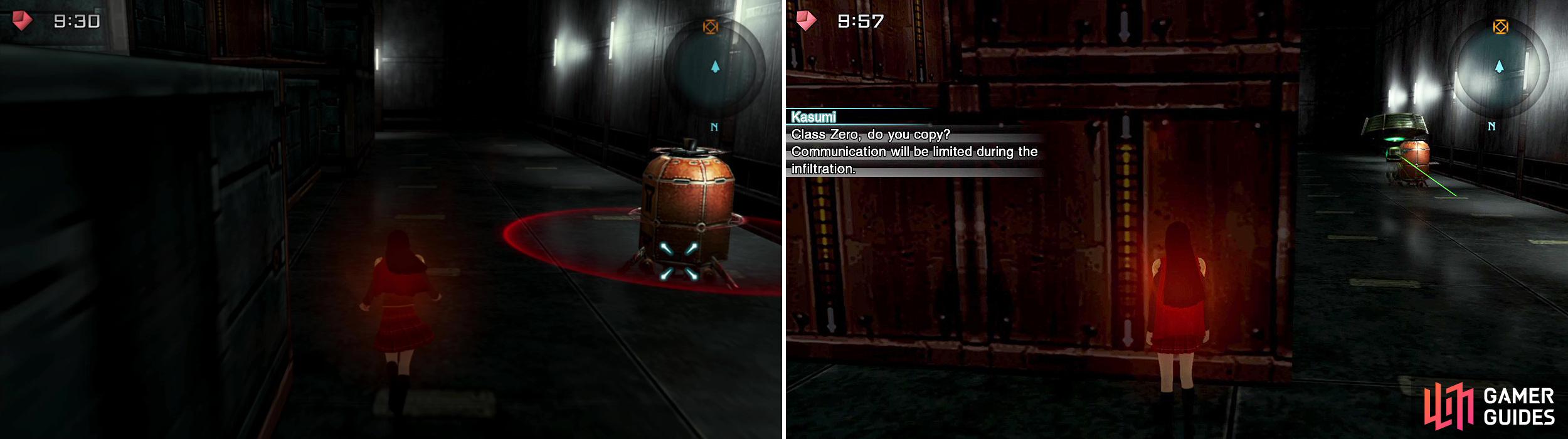 There are two types of robots which you must sneak by: the first is a Panjandrum with a red radius (left) and the second is a flying Nomad (green).