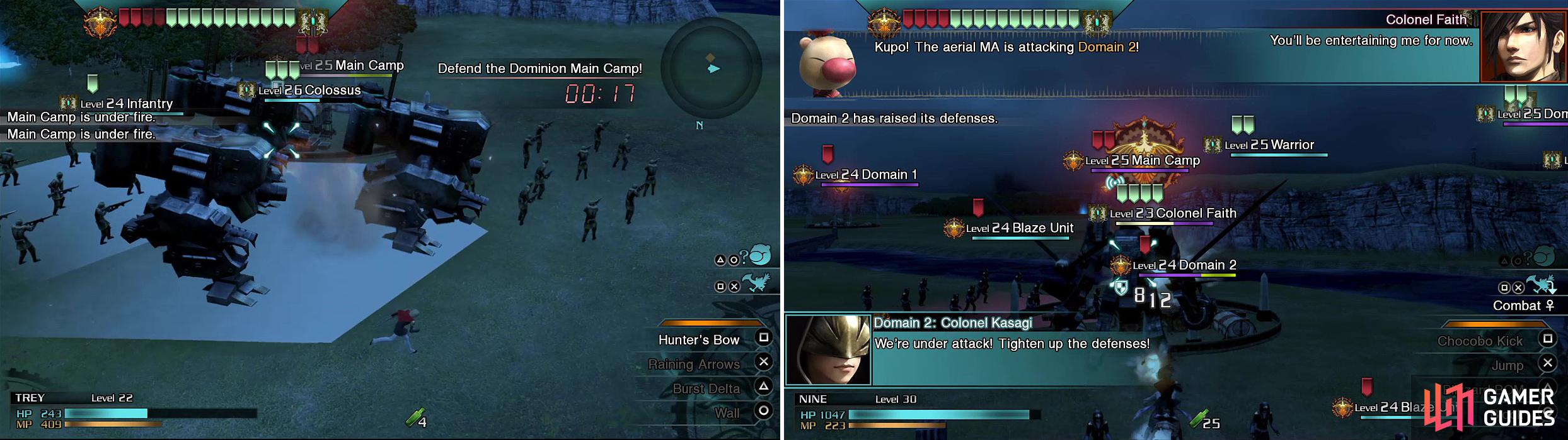 Rush back to the main camp when Moglin tells you (left). Colonel Faith doesn’t like a chocobo kicking his behind (right). He will set upon the domains you’ve captured.