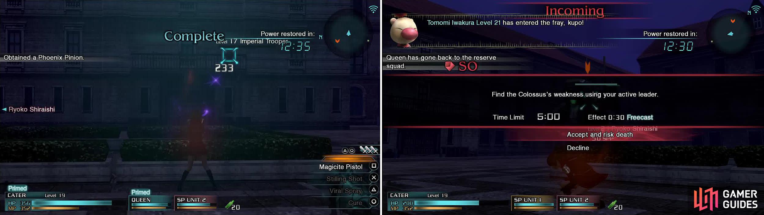 Shoot the soldiers around the ledges for the first SO (left). The second will pop up once the CO in the Colossus appears (right). Use a Thunder spell on it to complete.