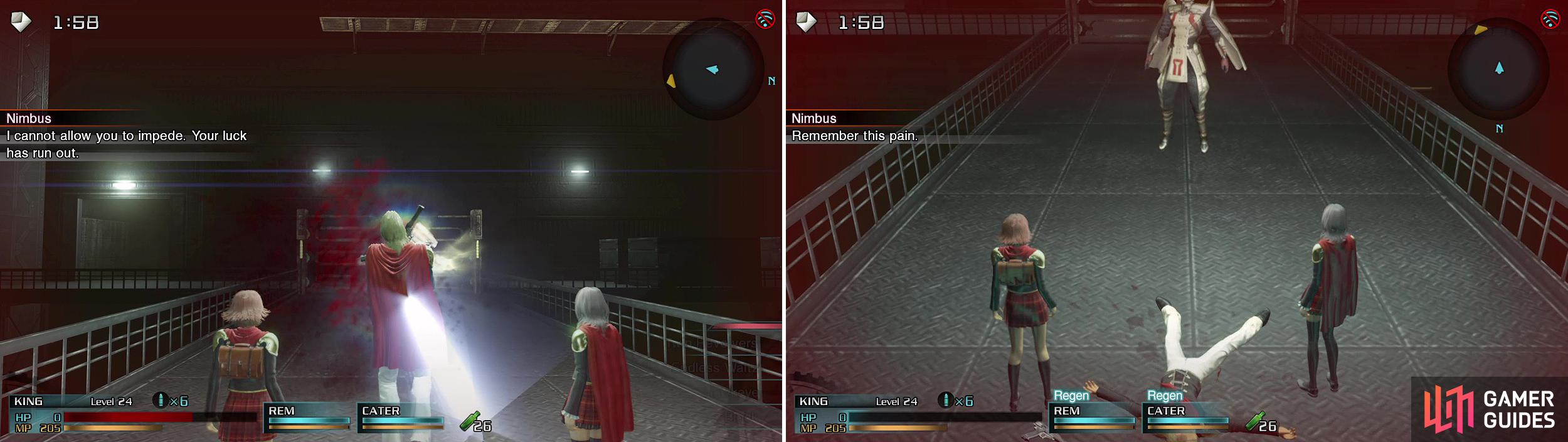 Nimbus will appear out of nowhere and kill your active leader (left). If this is a character you like, make sure you have a way to revive them.