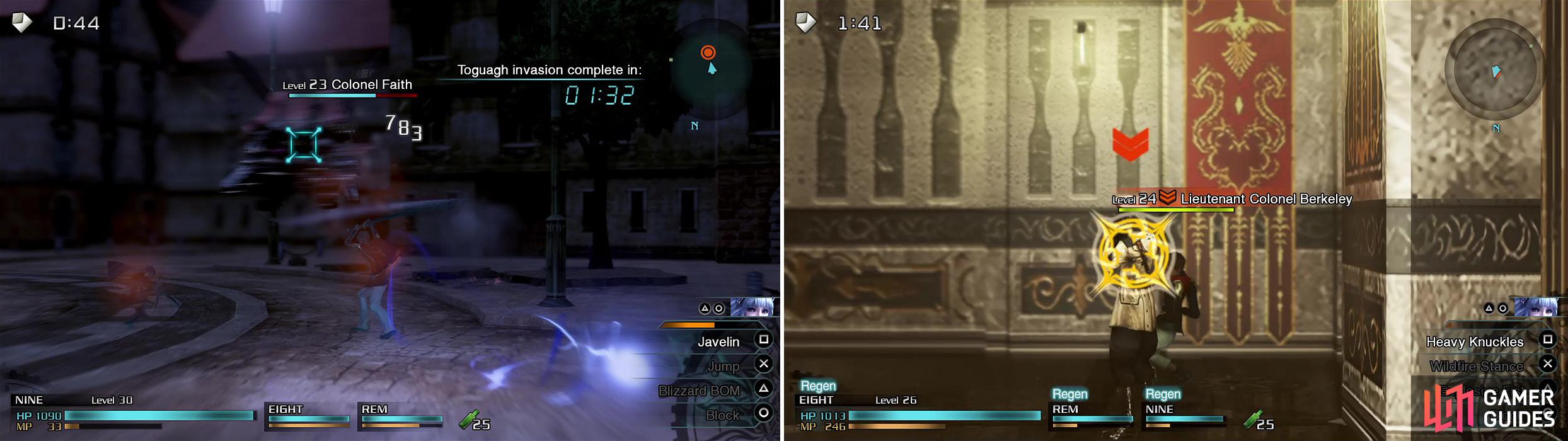 Nine can actually hit the MA with his melee attack which is handy (left). If you rush behind Berkeley, you can get a quick Breaksight on him (right).