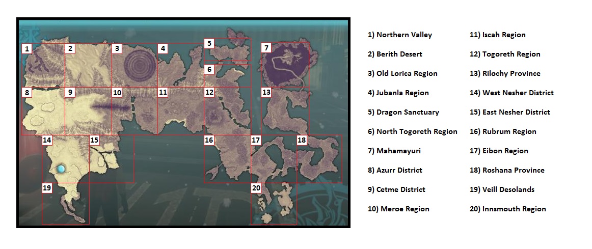 A map of the overworld, complete with the regions listed.