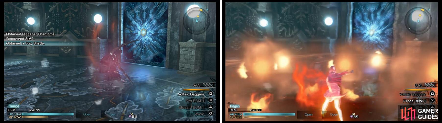 Do Rem’s first normal attack (left) and then spam the button assigned to either magic to instantly cast the -aga spell (right).