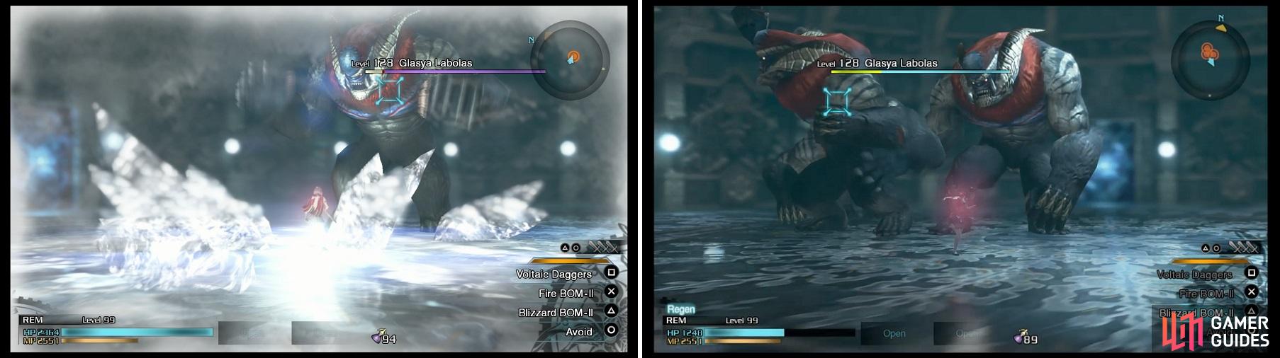 Despite their brethren, the Glasya are weak to ice (left). Things get a little hectic when you’re fighting three at once (right).