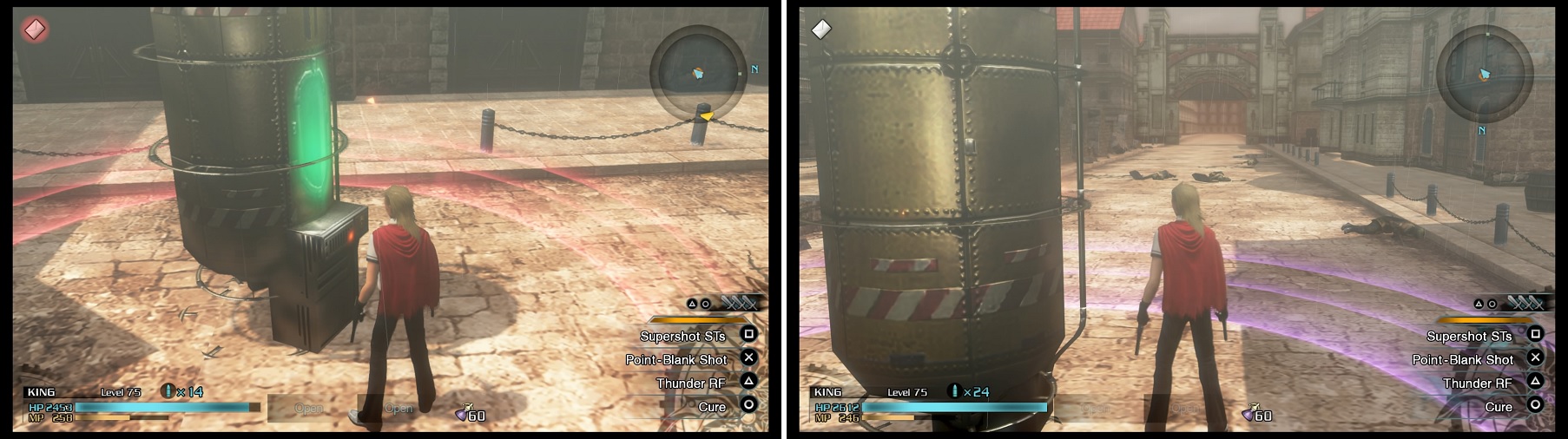 Stand inside the colored circle (left) to disarm the bomb. It helps to leave all of the enemies’ bodies on the ground (right), so they don’t knock you out of the circle.