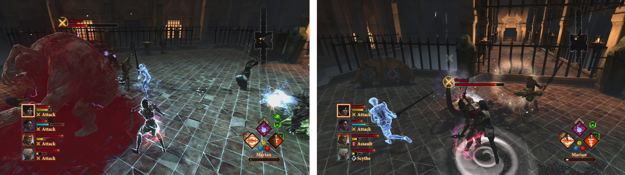 During the first phase, focus on dishiong out damage on Orsino (left) the second phase sees a smaller version of the boss that can teleport and summon enemies (right).