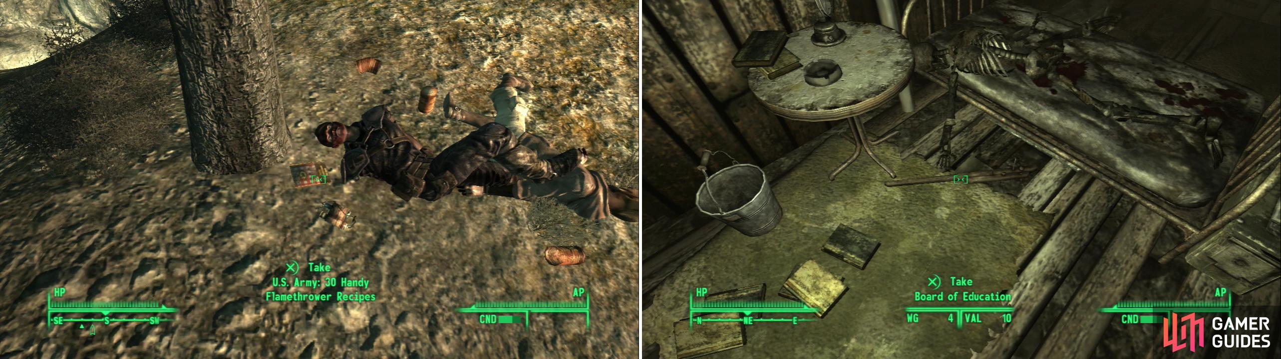 Amongst discarded Tin Cans and a tastefully placed corpse, you’ll find a copy of U.S. Army: 30 Handy Flamethrower Recipes (left). The Board of Education will teach your enemies a thing or two! (right)