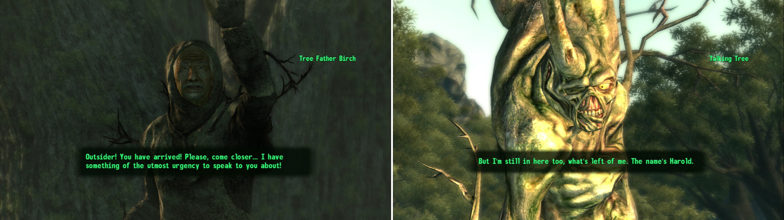 As you approach Oasis, you’ll be summoned by the leader of the Treeminders (left). After a ritual, you’ll wake up in the grove, where you’ll meet the Treeminder’s object of affection (right).