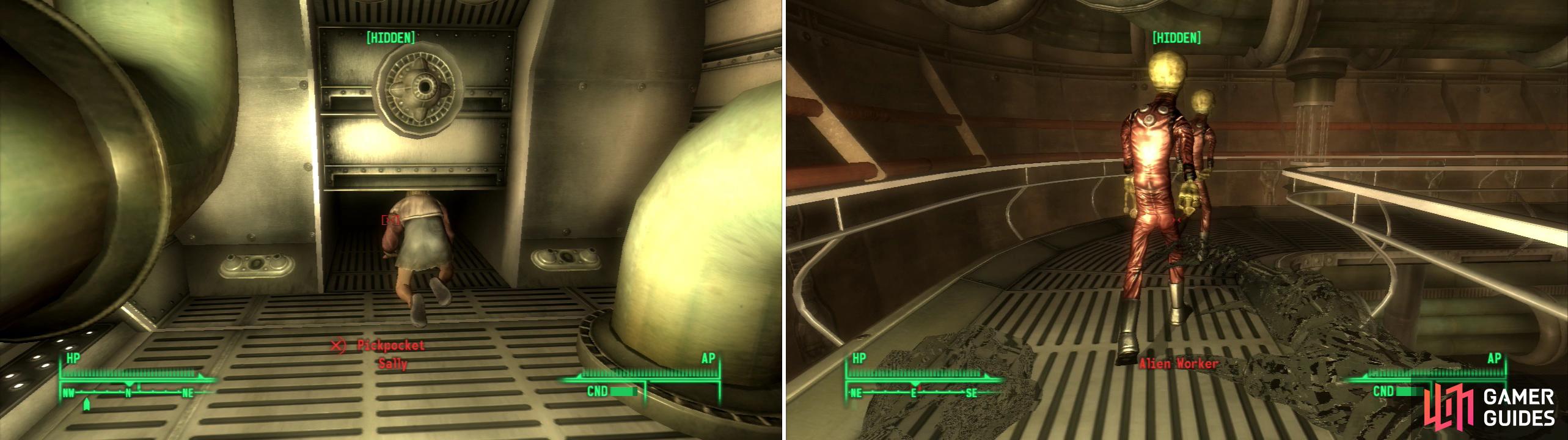 Sally’s size allows her to sneak around-which will prove invaluable, since it allows you access to parts of the ship you wouldn’t otherwise be able to reach (left). Worker aliens don’t pose a threat to you (right), but they’re still narks, so you might as well kill them… even if it will cost you some karma.