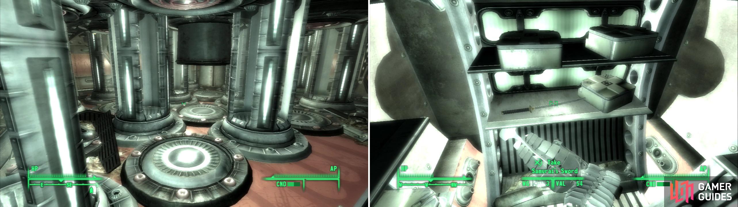Watch out for active pistons, as they can deal damage if they smack you (left). Grab the Samurai Sword from the shelf (right), we might know somebody who wants this back…