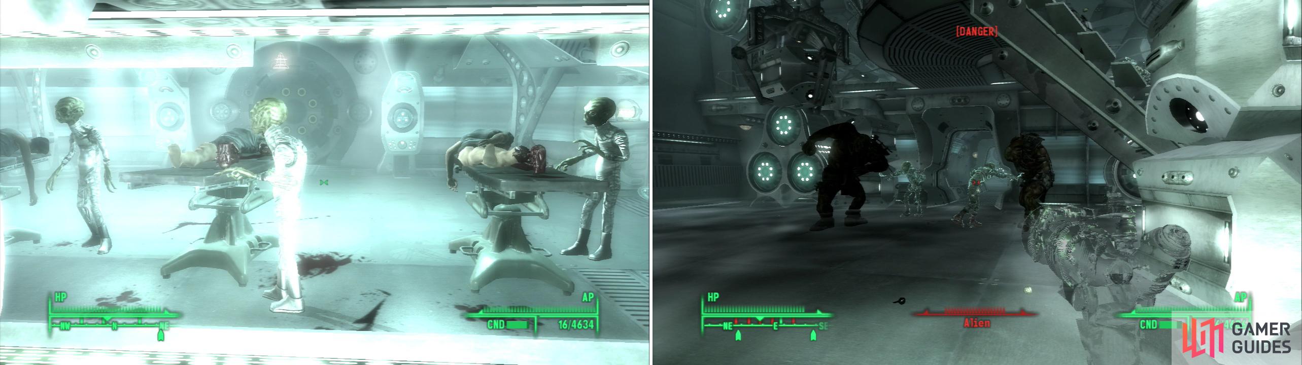 Some Aliens dissect Elliott Tercorien’s squad (left). Unleash some Super Mutant Overlords from cyrogenic storage to keep the Aliens busy (right).