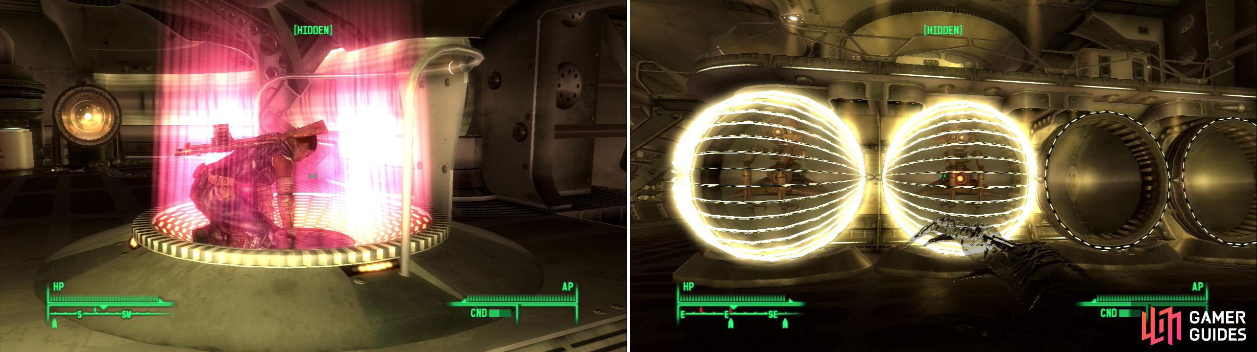Somah tampers with a deactivated teleporter, and her incompetence strikes again (left). Robots in stasis can be activated with the “Drone Control Device” (right).