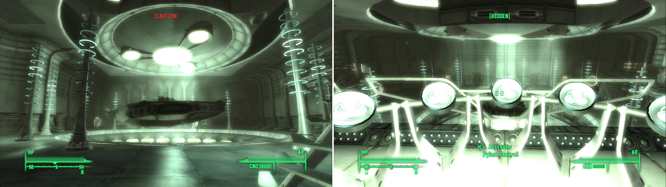 The main feature of the hangar is a docked space ship… what else? (left) Manipulate the docking controls to thwart the Aliens that attack (right).