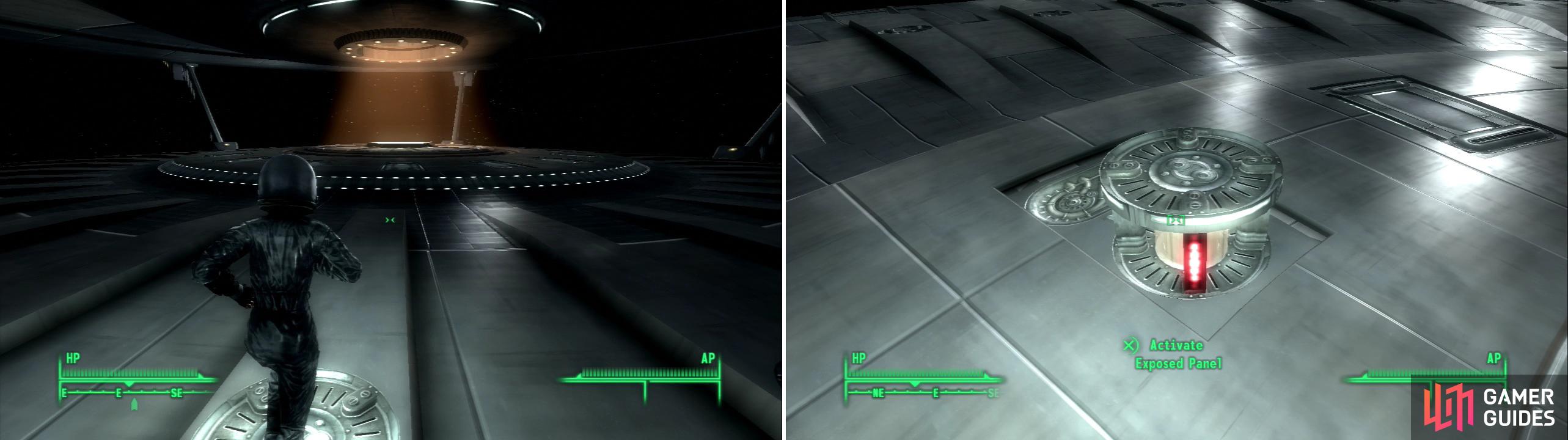To advance through the alien ship you’ll have to take a little walk… in space! (left) Activate several “exposed panels” to activate a teleporter (right).