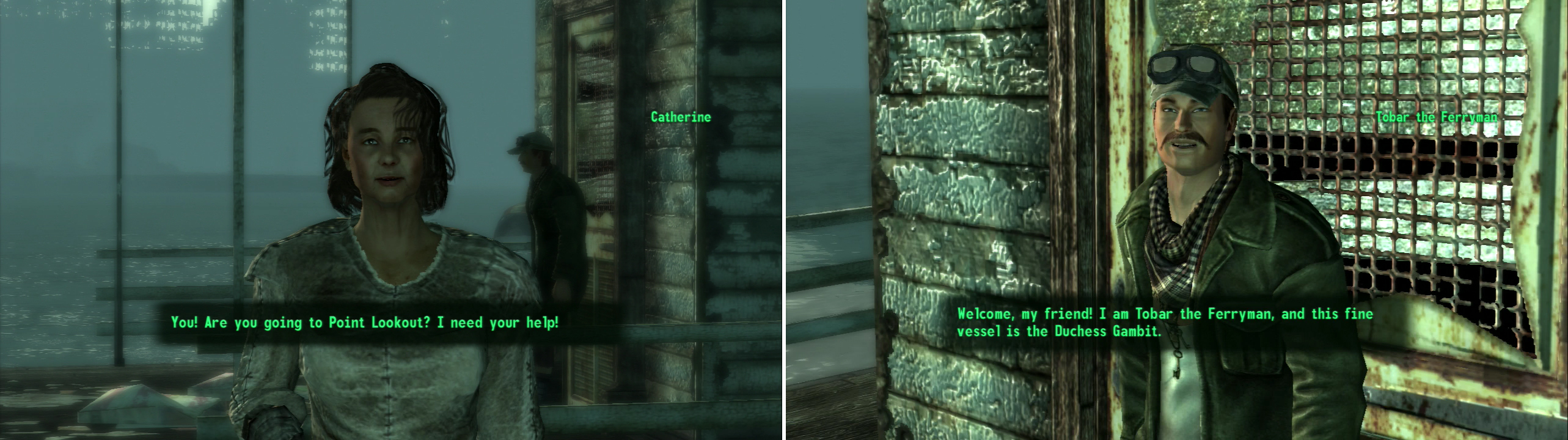 Catherine’s over-adventurous daughter has gone missing, and she’s willing to appeal to any stranger for aid (left). Tobar will take you between Point Lookout and the Capital Wasteland… for a price (right0.