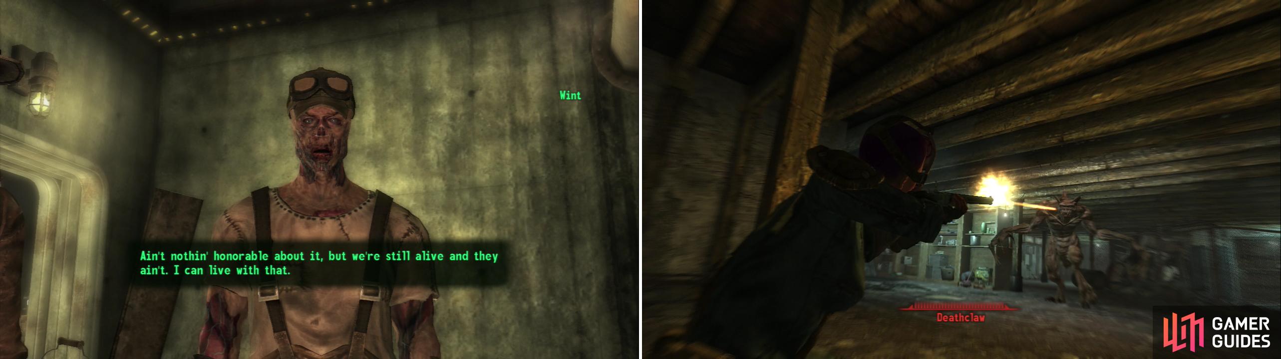 Wint is one of the few survivors of a team of Ghouls that foolishly tried to plunder Old Olney Underground (left). Deathclaws prowl around-sneak attack criticals are your friend (right).