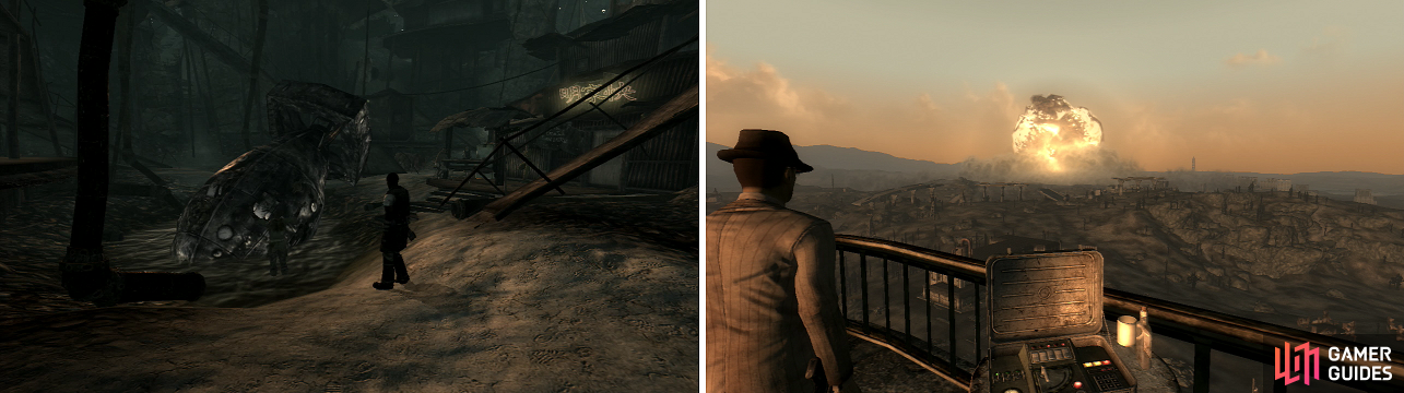 The undetonated bomb in the middle of Megaton (left) is a major liability which can either be defused by a friendly Vault Dweller, or taken advantage of by more destructive individuals (right).