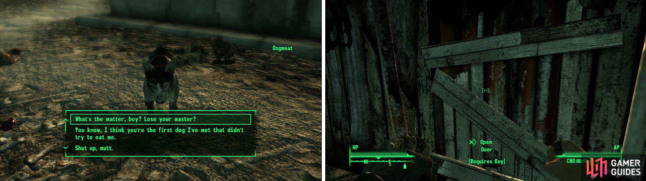 If you don’t love Dogmeat (left) you’re a bad person, and you should feel bad. You’re not getting through this door (right) without the Contract Killer perk.