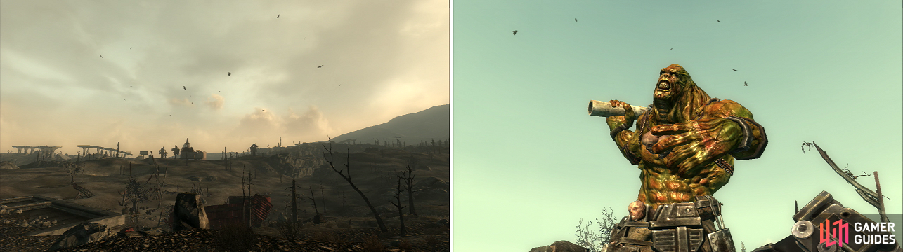 Vultures circling in the distance (left)… has to be a good sign, right? The Super Mutant Behemoth is a massive and powerful foe (right).
