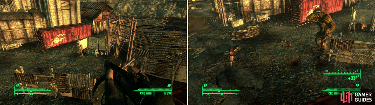 Shoot the generator near the Super Mutant Behemoth’s enclosure (left) and watch the resulting carnage (right)! (But seriously, don’t.)