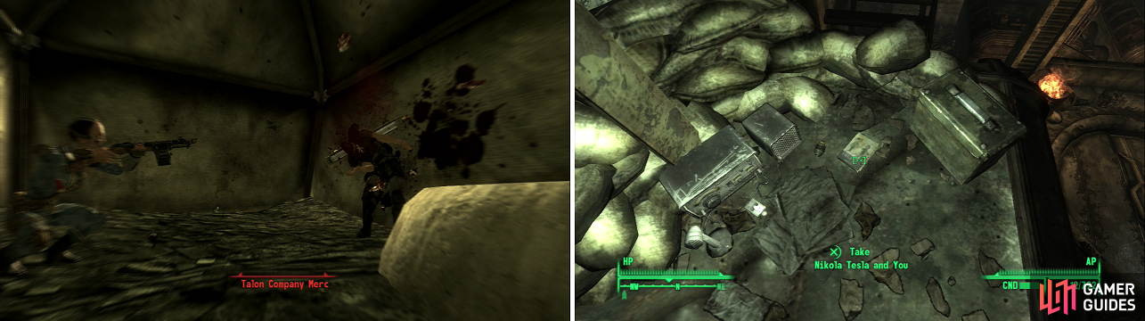 Sneak attacks with Combat Shotguns are the best way to deal with just about everything, including Talon Company Mercs with Missile Launchers (left). Drop down onto a metal shelter to obtain this copy of Nikola Tesla and You (right).