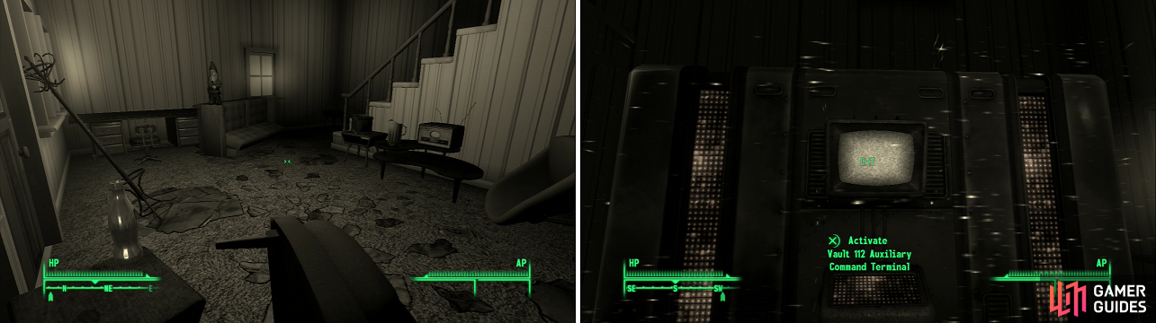 While this house might look like it’s full of useless junk, these objects are more than meets the eye… (left). Touch them all in the right sequence and you’ll open a terminal that’ll allow you to override Braun (right).