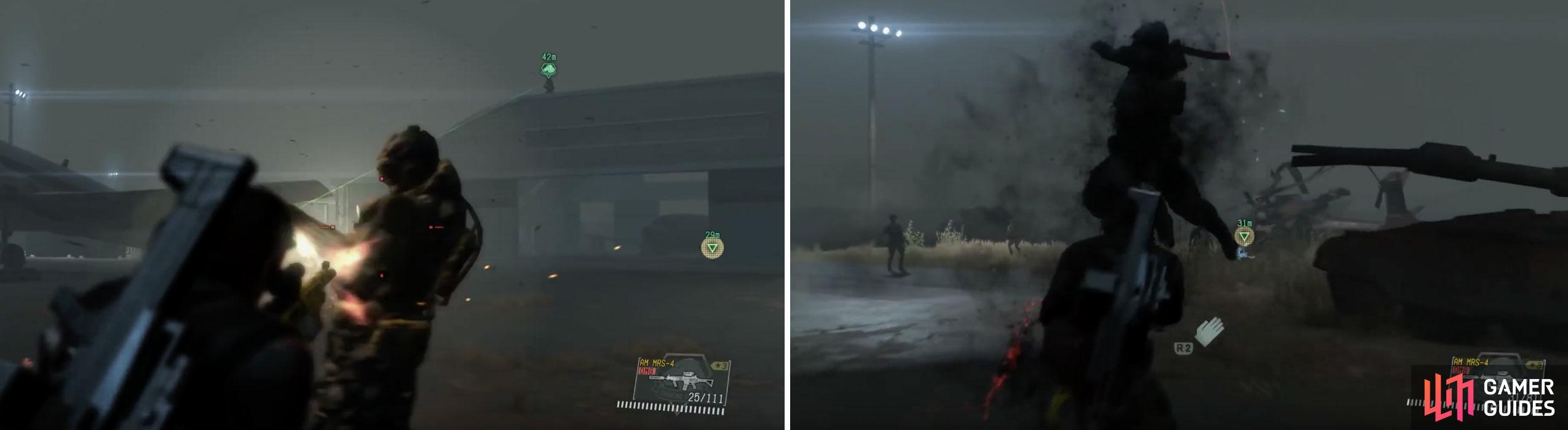 Quiet on the roof of the hanger (left) offers excellent covering fire. Try to counter the Skulls’ melee attacks for bonus damage (right).