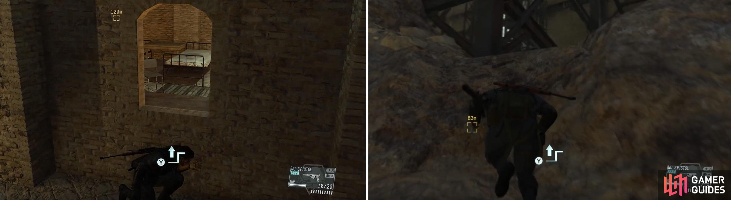 You can also sneak to the helipad by cilmbing through this window (left) and sneaking up to the gantry level through the hole in the wall (right).