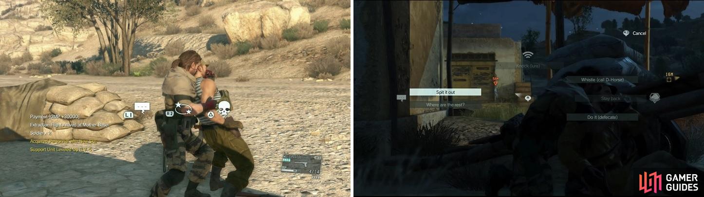 Sneak up behind an enemy and press the CQC button to grab him (left). You can interrogate enemies to find out locations of other enemies or collectibles (right).