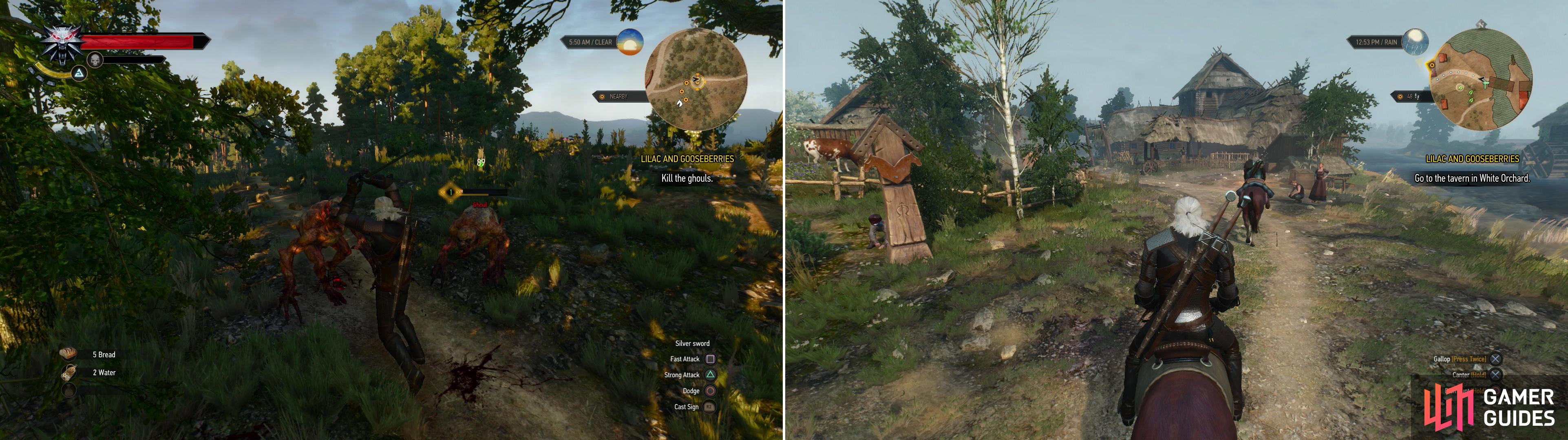 Fight off the Ghouls that attack, drawn by the stench of death in the wake of the army’s march (left), then follow Vesemir to White Orchard (right).