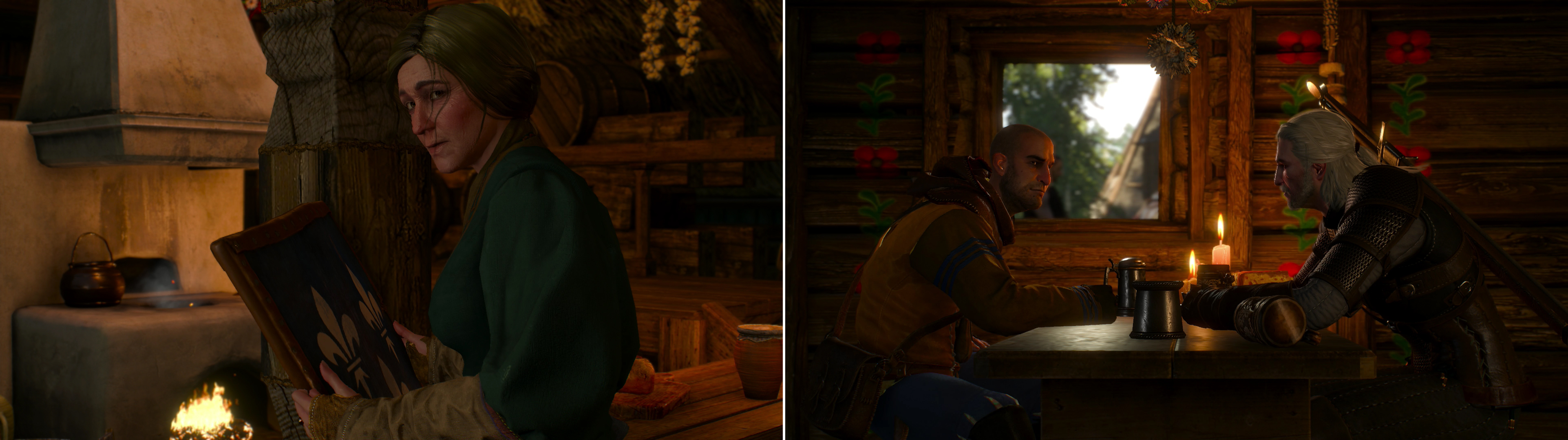 Some Temerians still can’t bring themselves to abandon the lillies (left). Geralt finds a talkative tavern patron who happens to have useful information about Yennefer… (right)