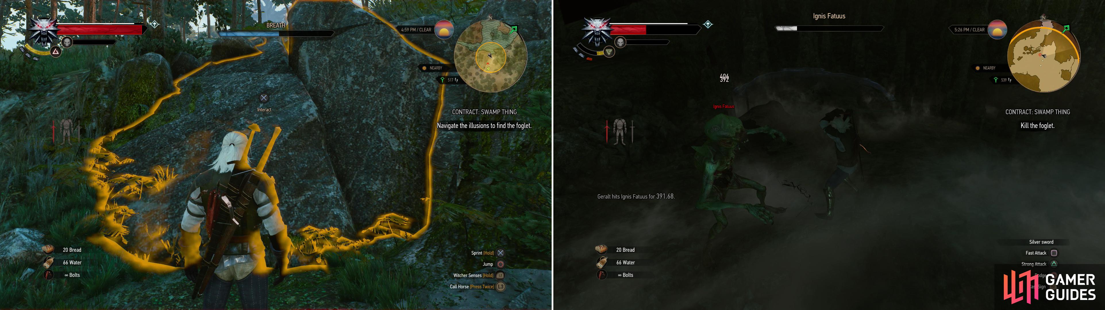 After finding the Foglet’s lair, use the Eye of Neheleri to gain access (left) then slay Ignis Fatuus (right).