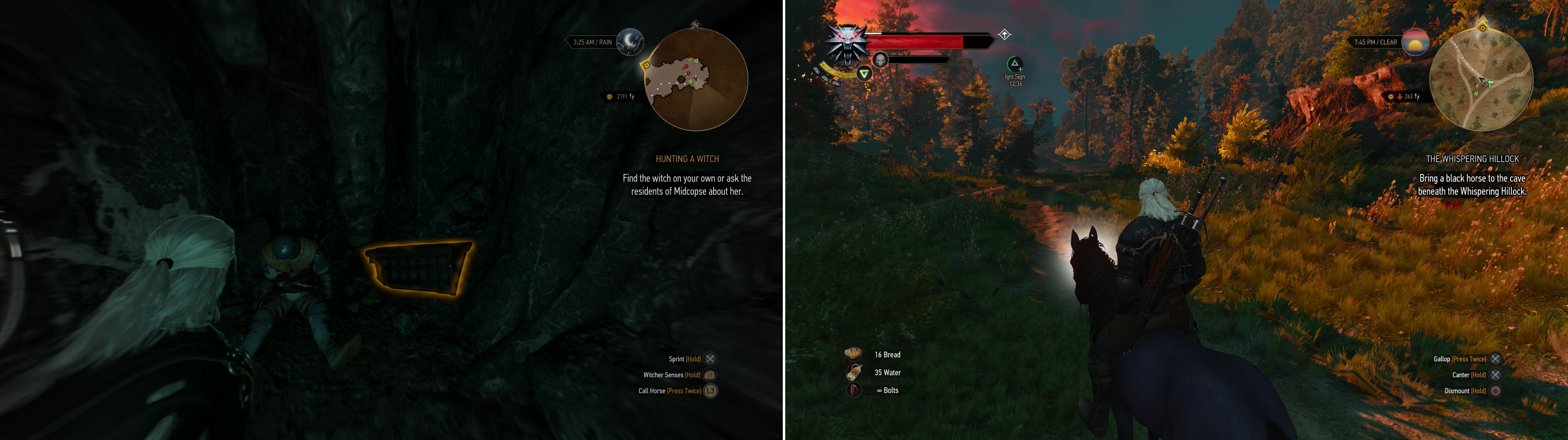 Take a detour to search a cave for a chest containing the Diagram: Enhanced Griffin Silver Sword (left). Use Axii to pacify-then mount-a mare (right).