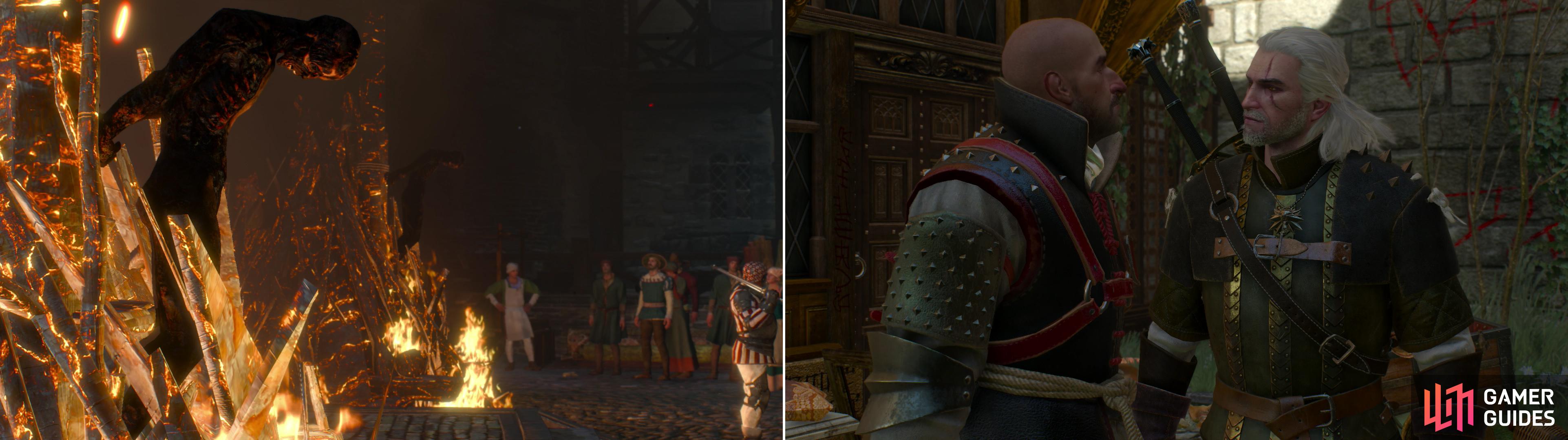The Cult of the Eternal Fire has made Novigrad a dangerous place for mages and other magical “deviants” (left). Menge, the leader of the city’s Witch Hunters, is a particularly unlikable fellow (right).