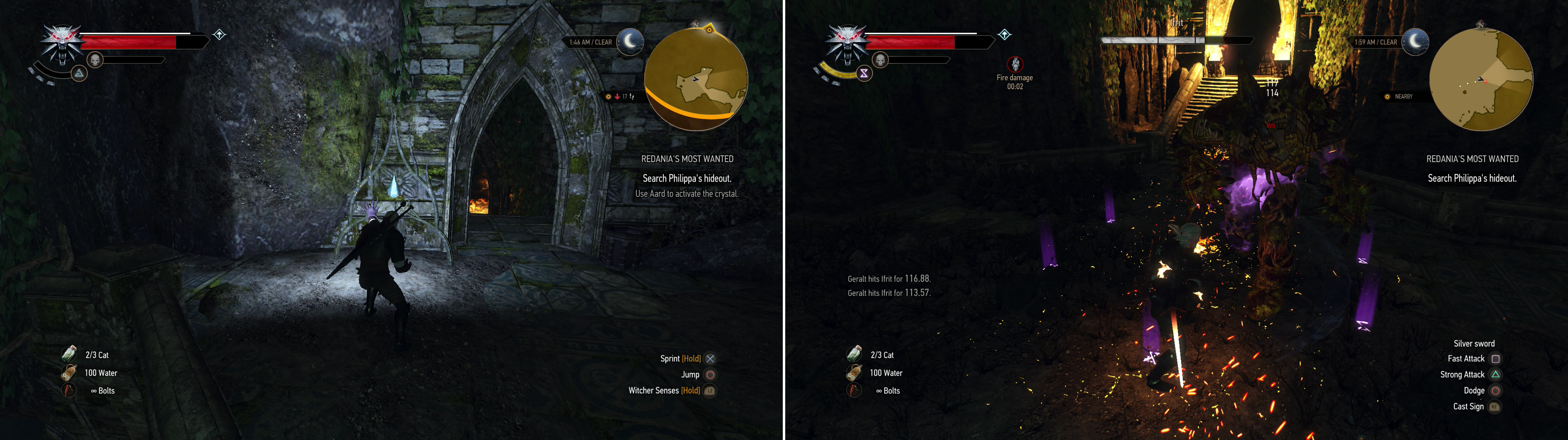 Charge up power crystals by hitting them with the Aard Sign (left). Guarding Phillipa’s lab is an Ifrit (right).
