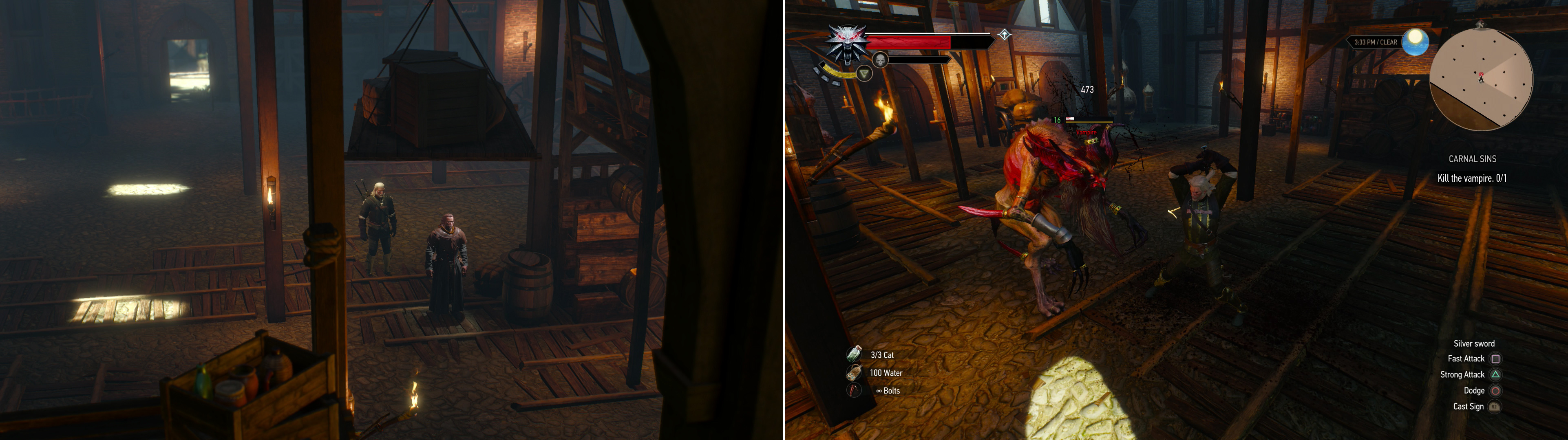 If you learned the truth, you’ll be able to track Hubert down in a dockside warehouse (left). After some monolouging, he’ll reveal his true form-that of a High Vampire-and attack (right).