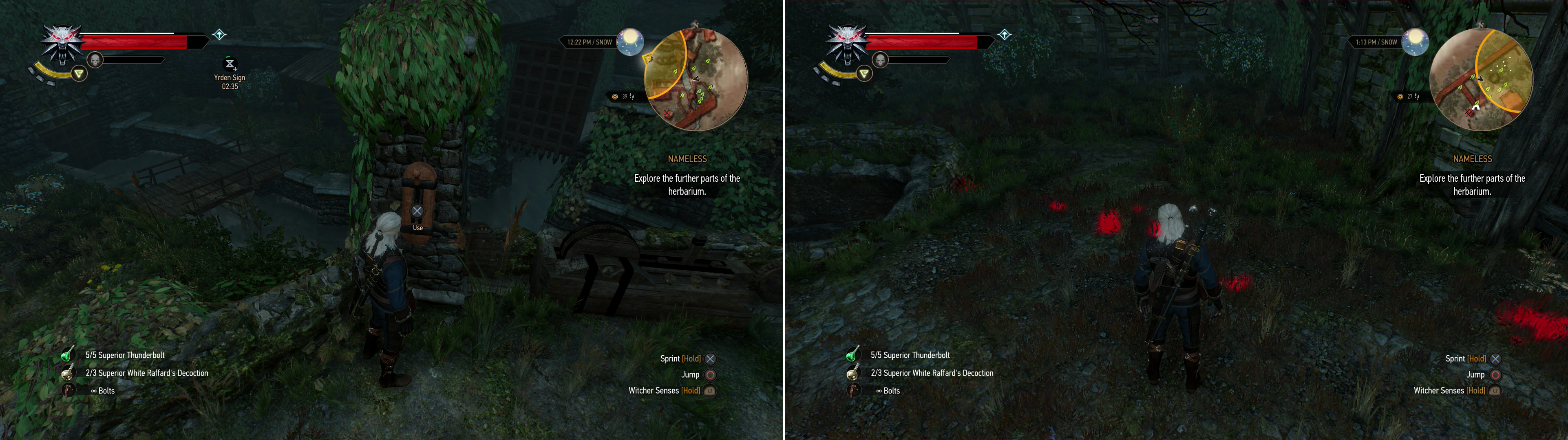 Activate a lever to open a sluice gate (left). Use your Witcher Senses to follow Craven’s retreat into a well (right).