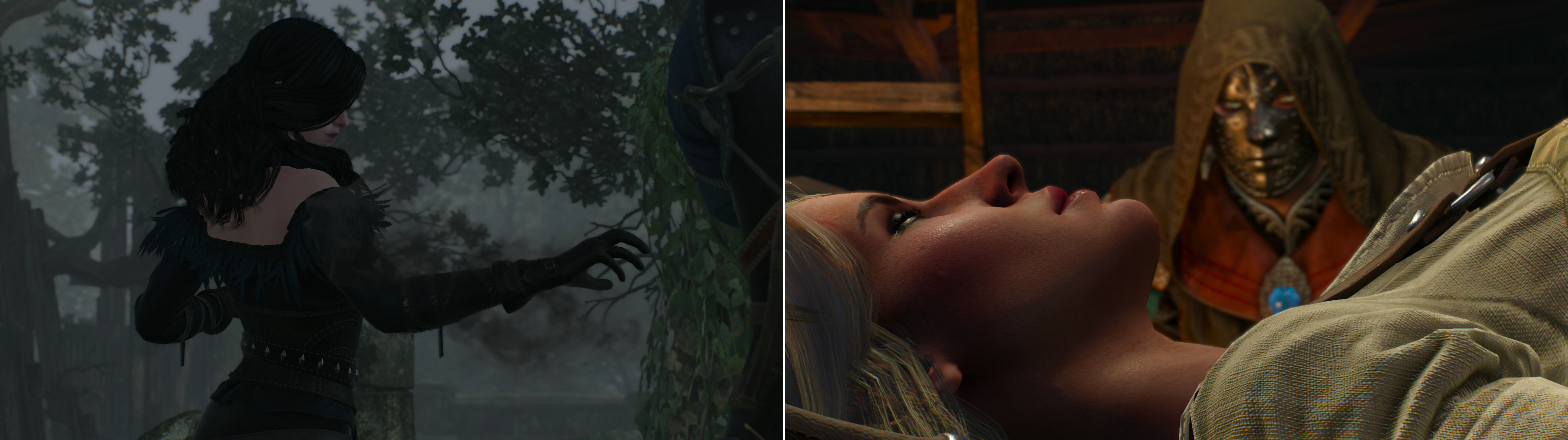 Yennefer will perform dark magic (left) to coax a tale about Ciri’s travels in Skellige out of Craven’s corpse (right).