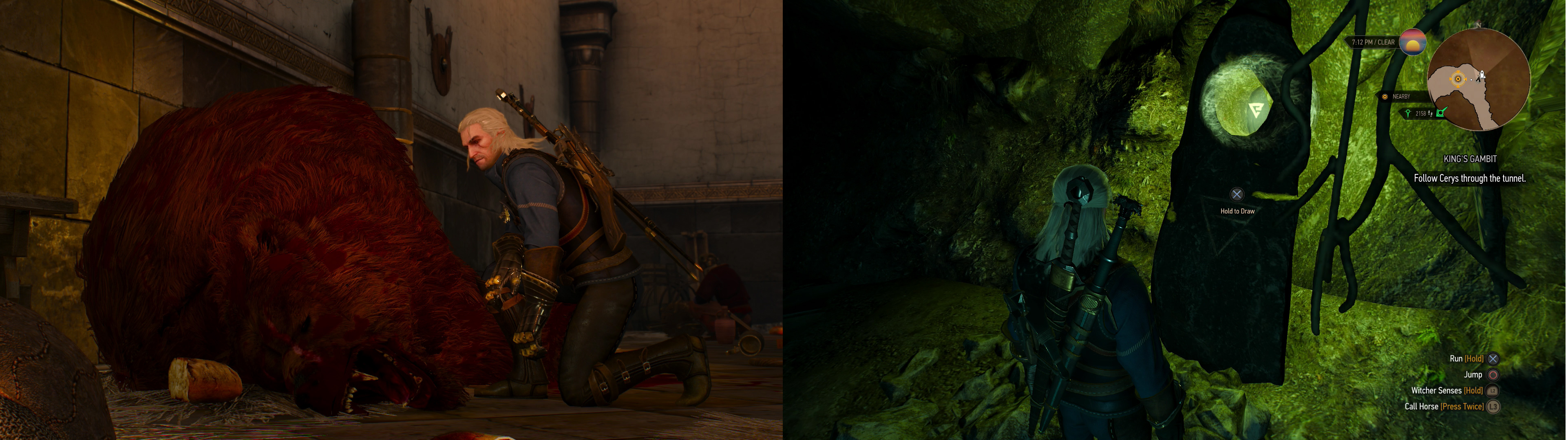 Instead of rushing off with Hjalmar, investigate the scene of the crime (left). Follow the clues through Kaer Trolde… scoring the Place of Powr hidden in the keep’s bowels (right).