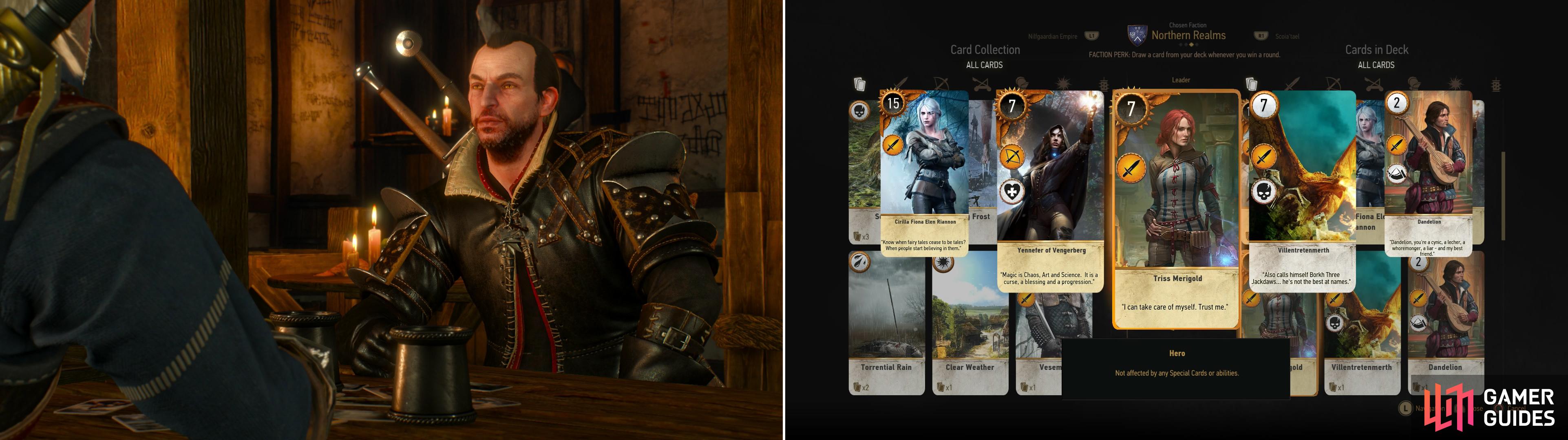 Your old friend Lambert can be played after helping him out in Skellige (left). If you win you’ll obtain the Triss Merigold card (right).