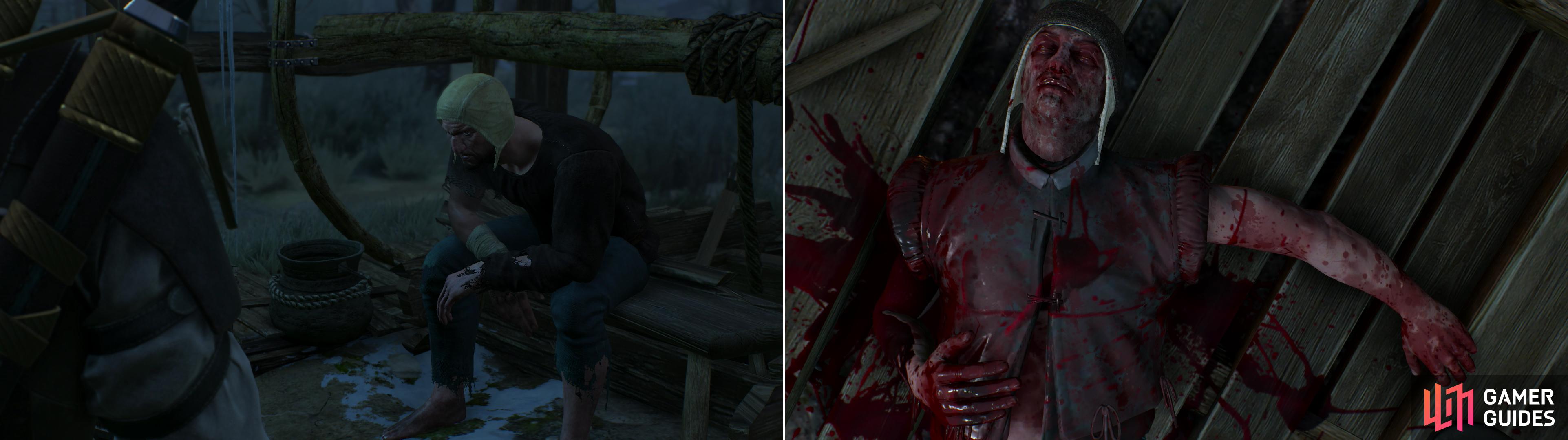 The sole survivor of the attack at Heatherton is understandly shaken (left). The Nilfgaardian spy wasn’t kindly treated by the Wild Hunt (right).