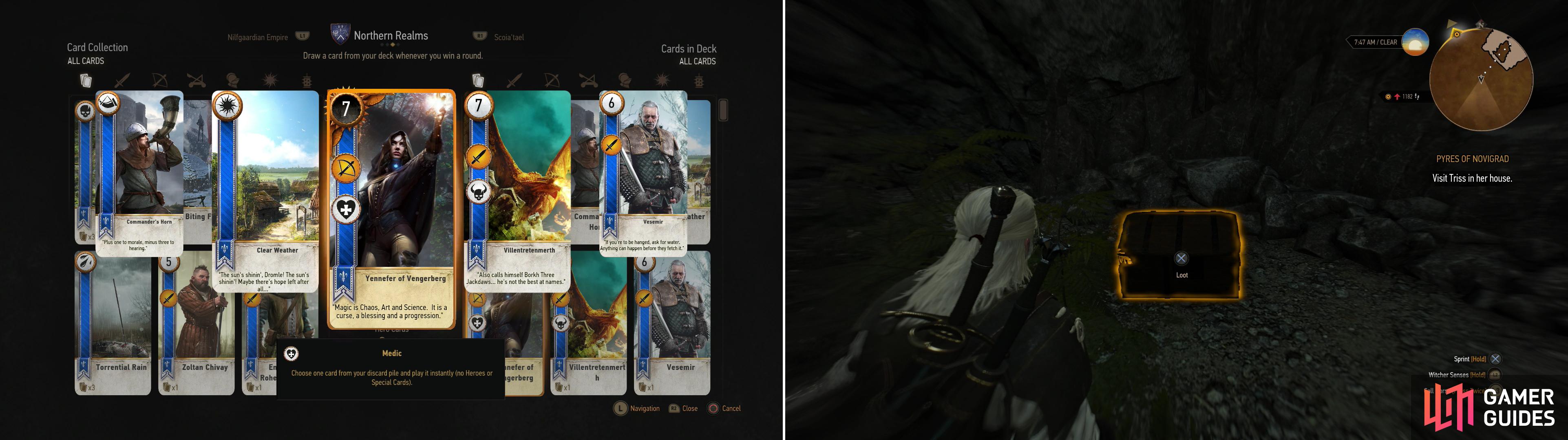 Defeat Stjepen to win the Yennefer of Vengerberg card (left). Seach Codger’s Quarry to find a chest containing the Diagram: Enhanced Feline Gauntlets (right).